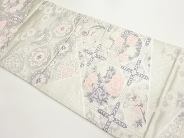 切り嵌め風蜀江文に格天井・花々模様織出し袋帯